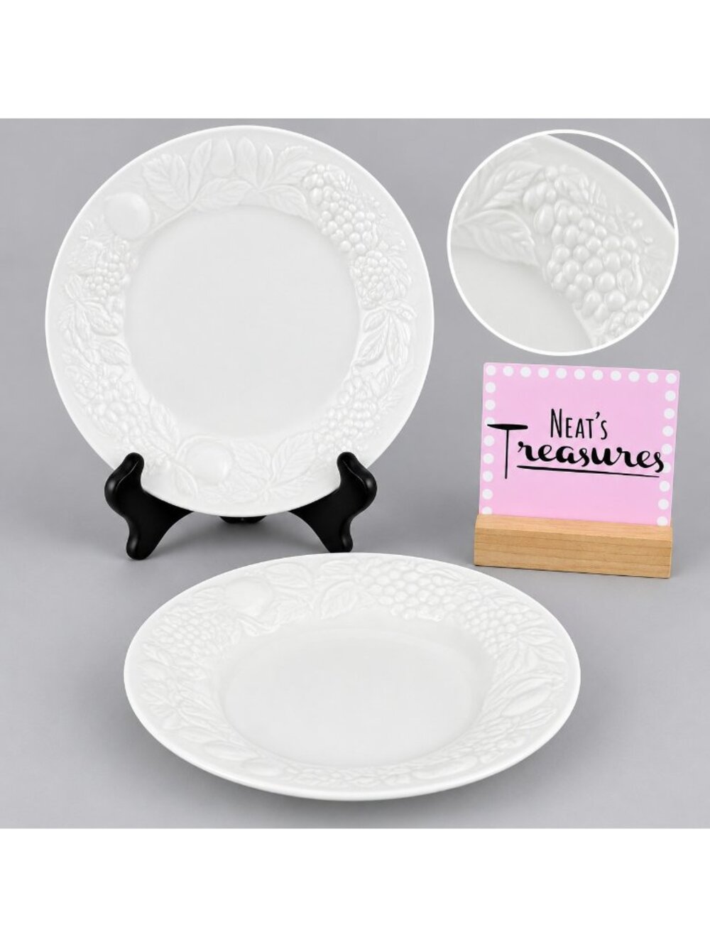 Gibson FRUIT Embossed Fruit White Shades Ceramic 7 3/4" Salad Plates Set of 2